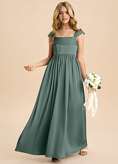 Azazie Hattie Junior Sea Moss A-Line Pleated Stretch Satin Dress image4