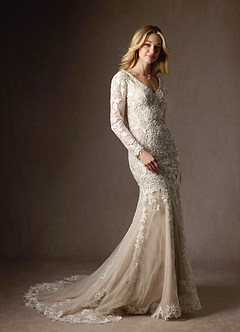 Azazie Dulce Amor Vestidos de novia Vestido de Blanco Diamante Nude de Tul de Corte Sirena con Encaje Cuello V image5