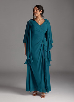 Azazie Manuella Vestidos para mãe da noiva Vestir Tinta Azul de Chiffon de Linha A com Decote em V Plissado image12
