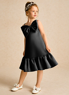 Azazie Kiwi Robe Demoiselle D'honneur Fillette Robe Trapèze en Mat Satiné Bretelle Spaghetti Noir image5