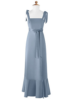 Azazie Barbara Vestido de Azul Polvoriento de Satin Mate de Acampanado con Lazo image6
