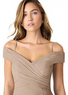 Azazie Lecia Bridesmaid Dresses Taupe Empire Off-The-Shoulder Pleated Chiffon Convertible Dress image2