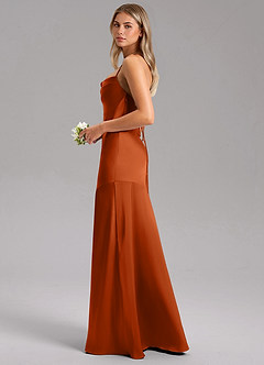 Azazie Grata Bridesmaid Dresses Burnt Orange Sheath Side Slit Stretch Satin Dress image5