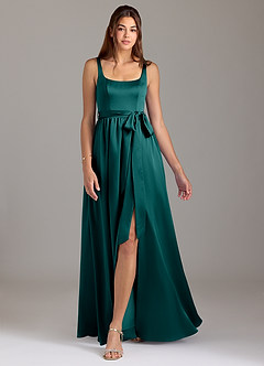 Azazie Elliott Bridesmaid Dresses Peacock A-Line with Pockets Stretch Satin Dress image5