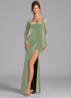 Azazie Megan Bridesmaid Dresses Dusty Sage Mermaid Long Sleeve Mesh Dress image3