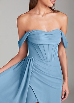 Azazie Amyra Vestidos de damas de honor Vestido de Azul Acero de Gasa de Corte Recto Convertible con Vestidos sin tirantes image5