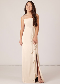 Azazie Kaylee Junior Jurk van Chiffon met A-Lijn met Riem Wit Albast image1