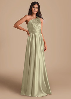 Azazie Charlize Bridesmaid Dresses Moss Green A-Line One Shoulder Metallic Satin Dress image3