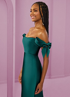 Barbie ♥ Azazie Bridesmaid Dresses Peacock Sheath Off the Shoulder Stretch Satin Convertible Dress image12