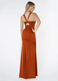 Azazie Mero Bridesmaid Dresses Burnt Orange Sheath Pleated Stretch Satin Dress image3