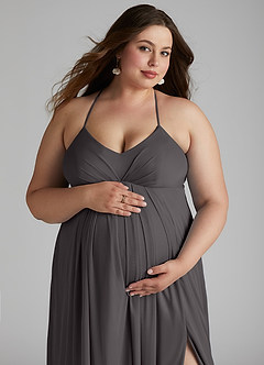 Azazie Annabelle Maternity Bridesmaid Dresses A-Line V-Neck Pleated Mesh Floor-Length Dress image11