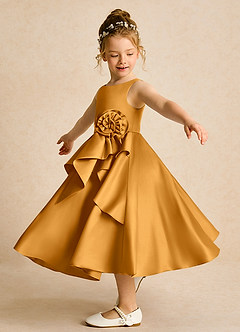 Azazie Hermia Robe Demoiselle D'honneur Fillette Robe Trapèze en Mat Satiné Sans manches Caramel écossais image3
