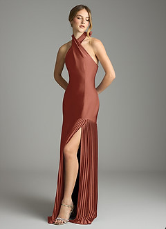 Azazie Nayeli Jurken voor bruidsmeisjes Jurk van Stretch Satijn met A-Lijn Geplooid Kastanjebruin image4