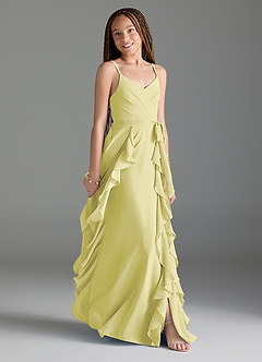 Azazie Peyton Junior Vestido de Sorbete De Limón de Gasa de Corte En A con Volantes en cascada Cuello en V image3