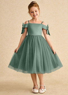 Azazie Amie Blumenmädchenkleider A-Linie Schulterfrei Matte Satin Kleid Eukalyptus image3