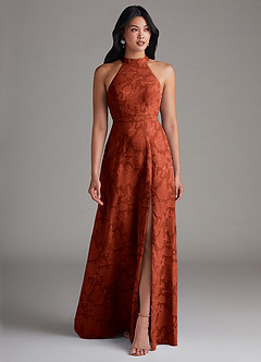 Azazie Clarice Robes de demoiselle d'honneur Robe Trapèze en Blumen-Burnout Fente Latérale Auburn image1