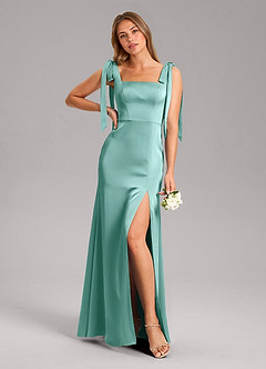 Azazie Frostine Bridesmaid Dresses Aqua A-Line Bow Stretch Satin Dress image1