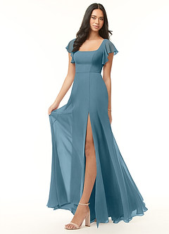 Azazie Bondi Brautjungfernkleider A-Linie Gekräuselt Chiffon Kleid Bermudablau image4