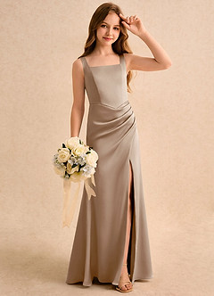 Azazie Noah Girls Formal Flower Girl Dresses Taupe Sheath Pleated Stretch Satin Dress image4