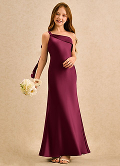 Azazie Almond Girls Formal Flower Girl Dresses Burgundy Sheath One Shoulder Stretch Satin Dress image2