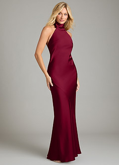 Azazie Velli Bridesmaid Dresses Burgundy Mermaid High Neck Stretch Satin Dress image4