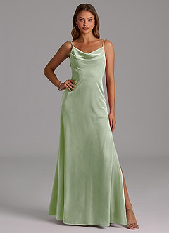 Azazie Olaine Robes de demoiselle d'honneur Robe Trapèze en velours Plissée Vert Sauge image1