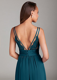 Azazie Maren Allure Bridesmaid Dresses Ink Blue A-Line Lace Stretch Satin Dress image2