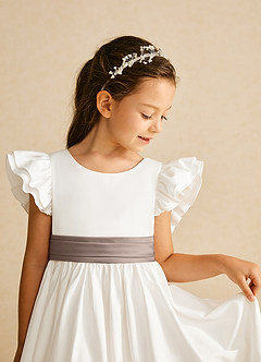Azazie Aero Flower Girl Dresses Ivory Taupe A-Line Pleated Cotton Dress image3