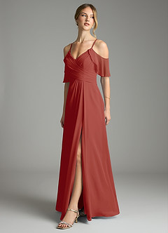 Azazie Dakota Vestidos de damas de honor Vestido de Terracota de Gasa de Corte en A con Cuello en V plisado image4