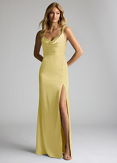 Azazie Elida Bridesmaid Dresses Lemon Sorbet Sheath Pleated Stretch Satin Dress image1
