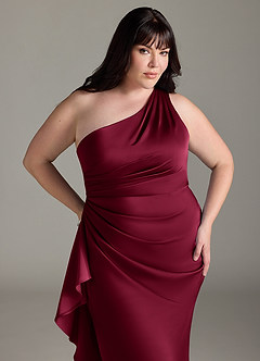 Azazie Latrice Bridesmaid Dresses Burgundy Sheath One Shoulder Cascading Ruffles Stretch Satin Dress image10