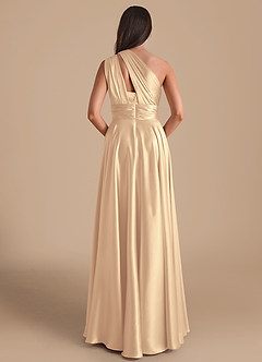 Azazie Charlize Bridesmaid Dresses Gold A-Line One Shoulder Metallic Satin Dress image2