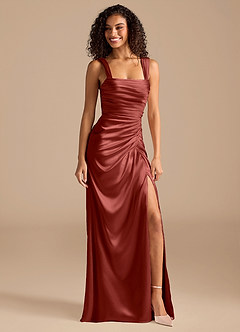 Azazie Jesaphine Bridesmaid Dresses Terracotta Sheath Bow Metallic Satin Dress image1