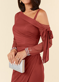 Azazie Marna Mother of the Bride Dresses Terracotta Sheath One Shoulder Mesh Dress image4