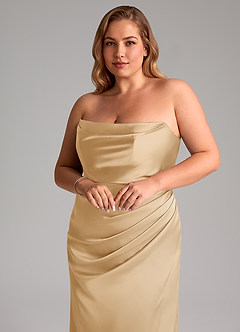 Azazie Leonis Bridesmaid Dresses Gold Mermaid Pleated Stretch Satin Convertible Dress image11