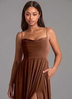 Azazie Elle Jurken voor bruidsmeisjes Jurk van flueel met A-Lijn met Zakken Omber image2