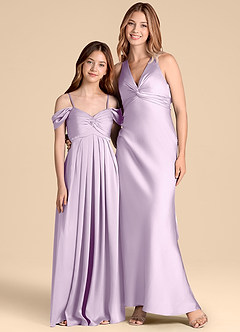 Azazie Kaitlynn Junior Frosted Lilac A-Line Off the Shoulder Stretch Satin Dress image3
