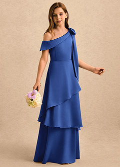Azazie Shyloh Girls Formal Flower Girl Dresses Royal Blue A-Line Off the Shoulder Stretch Satin Dress image5