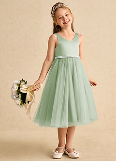 Azazie Firefly Flower Girl Dresses Dusty Sage A-Line Bow Matte Satin Dress image7