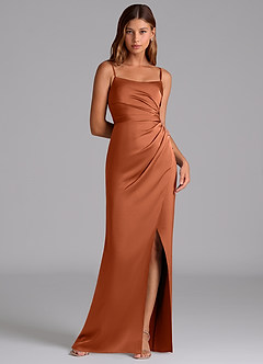 Azazie Calandra Vestidos de damas de honor Vestido de Rosa De Cedro de Satén Elástico de Corte en A con Plisado image1