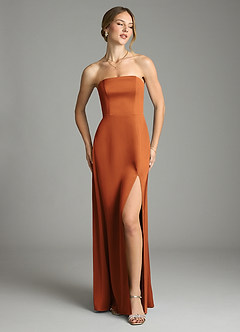 Azazie Wren Vestidos de damas de honor Vestido de Canela de Satén Elástico de Corte en A Convertible con Sin tirantes image2