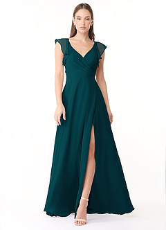 Azazie Yoko Robes de demoiselle d'honneur Robe Trapèze en Mousseline de soie Rayé Vert Pin image1