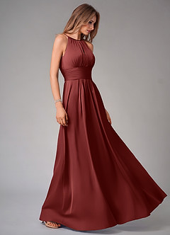 Azazie Bonnie Bridesmaid Dresses Terracotta A-Line Pleated Stretch Satin Dress image4