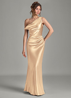 Azazie Emerson Vestidos de damas de honor Vestido Oro de Satén Metálico de Corte Sirena con Hombros descubiertos image4