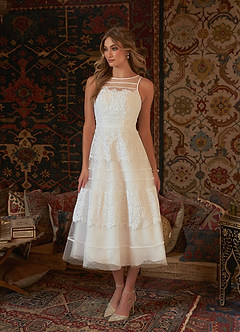 Azazie Azul Wedding Dresses A-Line Sweetheart Lace Tulle Tea-Length Dress image4