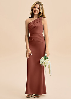 Azazie Akilah Junior Robe Fourreau en Satin extensible Plissée Auburn image5