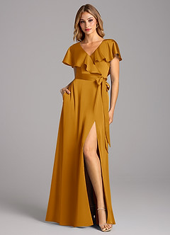 Azazie Lainey Bridesmaid Dresses Butterscotch A-Line with Pockets Stretch Satin Dress image3