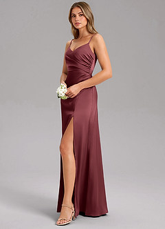 Azazie Azuree Bridesmaid Dresses Merlot A-Line Pleated Stretch Satin Dress image4