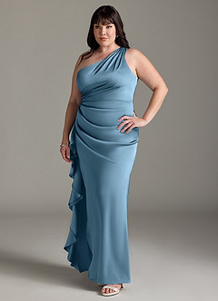 Azazie Latrice Bridesmaid Dresses Steel Blue Sheath One Shoulder Cascading Ruffles Stretch Satin Dress image8