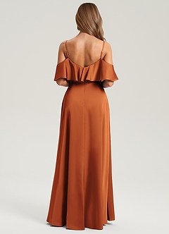 Azazie Jean Bridesmaid Dresses Cinnamon A-Line Off the Shoulder Stretch Satin Dress image2